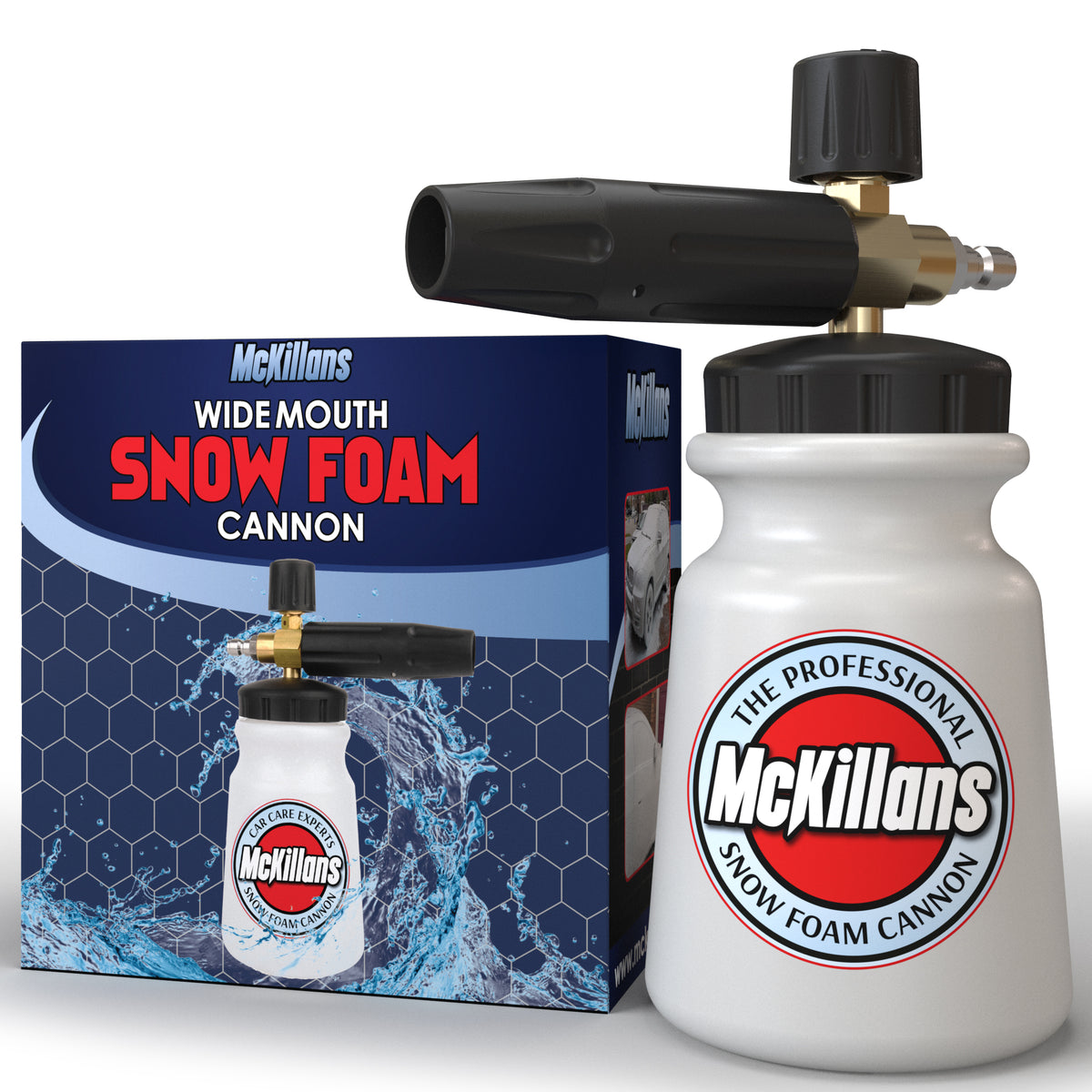 McKillans Wide Mouth Snow Foam Cannon with a white bottle, black adjustable foam sprayer, brass connector, and product packaging
