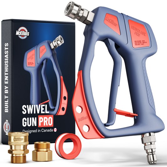 McKillans Swivel Gun Pro, a blue short pressure washer gun with red accents, stainless steel quick-connect fittings, M22 adapters, and Teflon tape displayed beside its packaging.