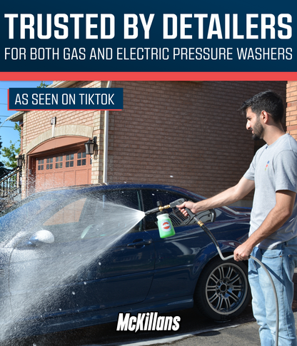 Waheed, founder of McKillans, using the Wide Mouth Foam Cannon to apply snow foam to a blue car