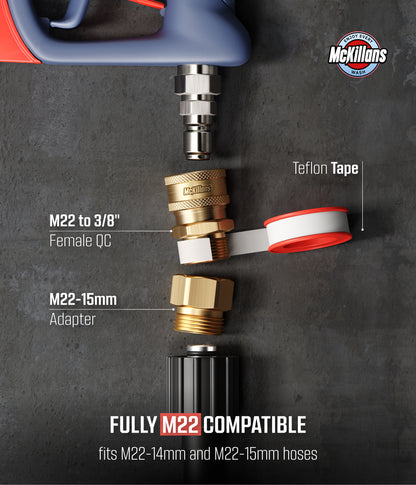 McKillans Swivel Gun Pro showing M22 hose compatibility with M22-14mm and M22-15mm adapters, a 3/8-inch female quick-connect fitting and Teflon tape.